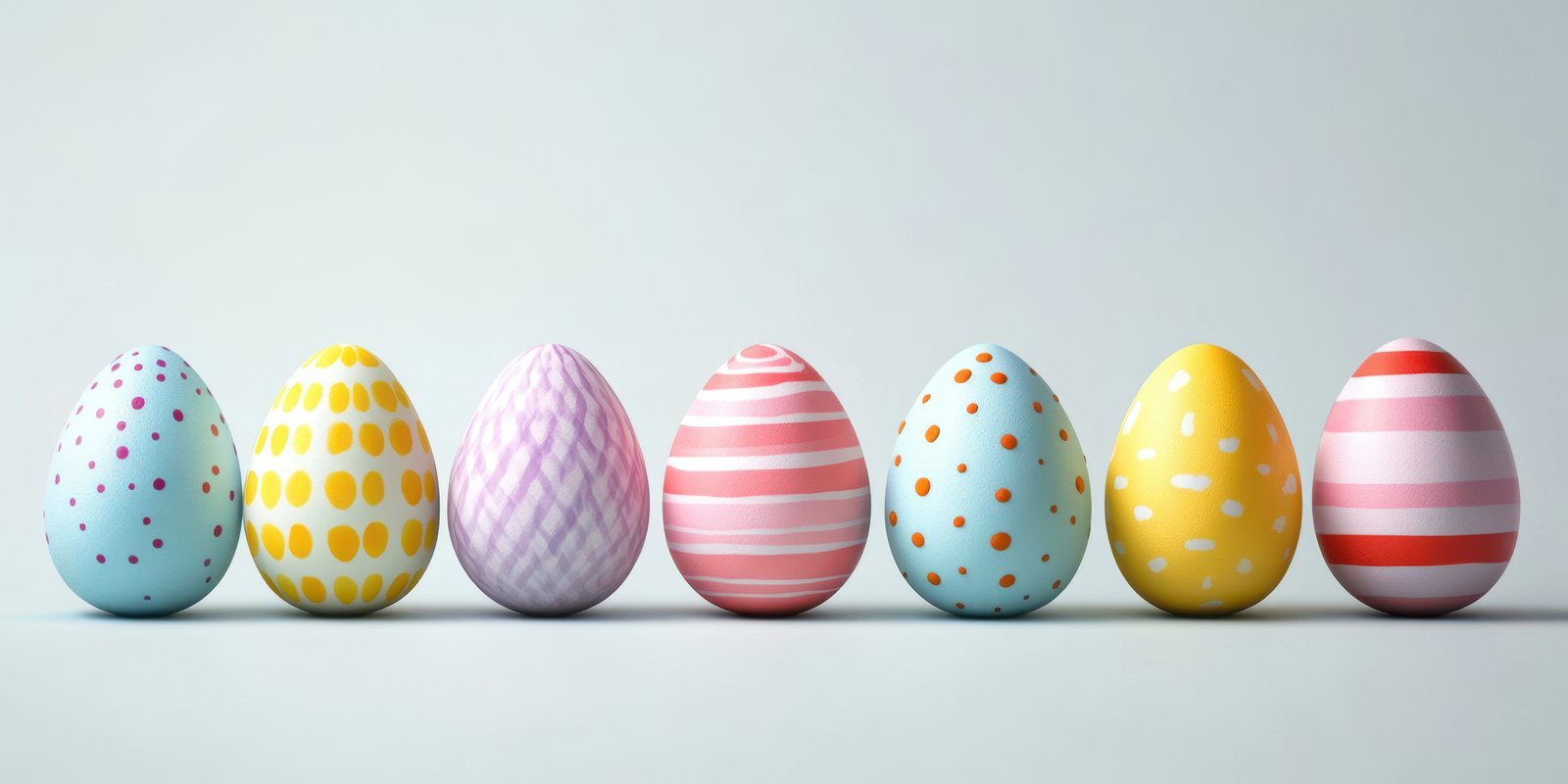 Colorful decorated eggs arranged in a row for Easter celebration in a minimalist setting